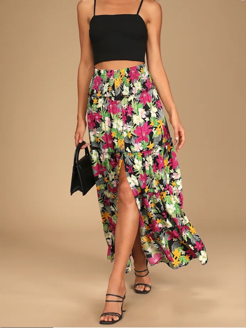 Lulus Tropical Trends Black Floral Smocked Maxi Skirt Size Medium